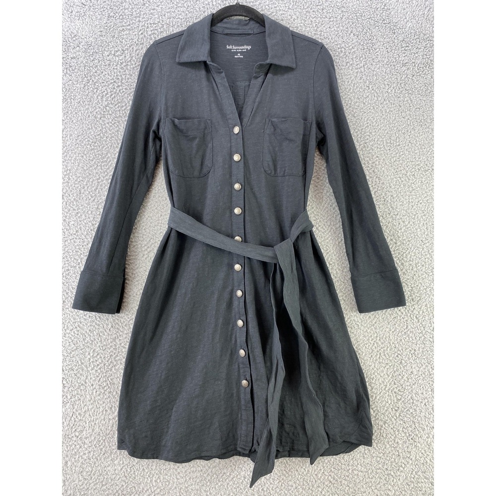Soft Surroundings Shirt Dress Womens PS Faded Black Belted‎ Button Jersey